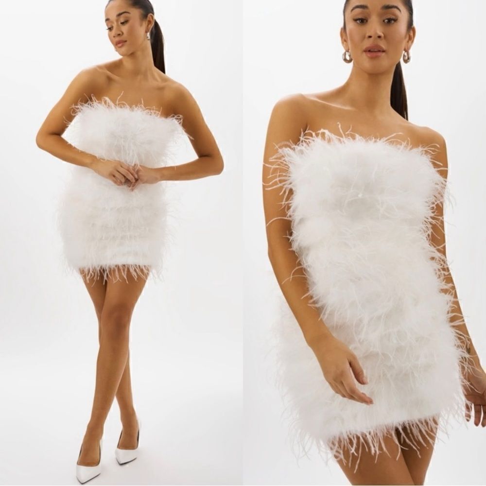 Lamarque White Strapless Feather Dress